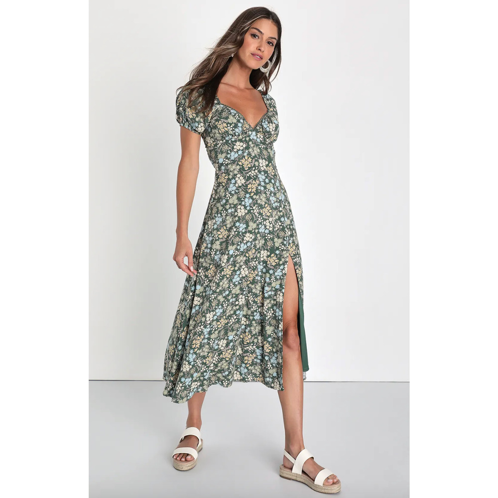 Lulus Meadow Muse Green Floral Tie Back Puff Sleeve Midi Dress Cottage Small NWT